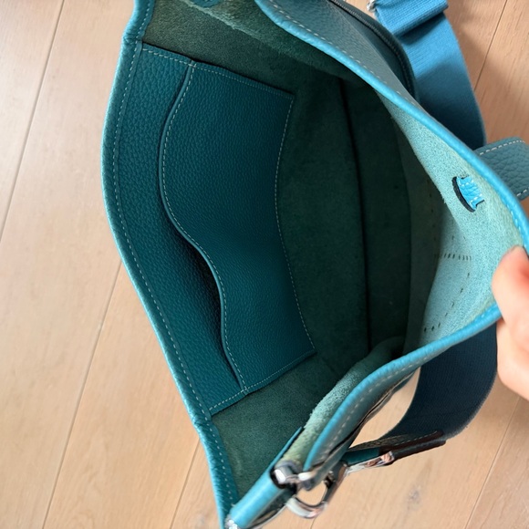 Authentic Hermès Evelyne PM in Blue Atoll Clemence leather